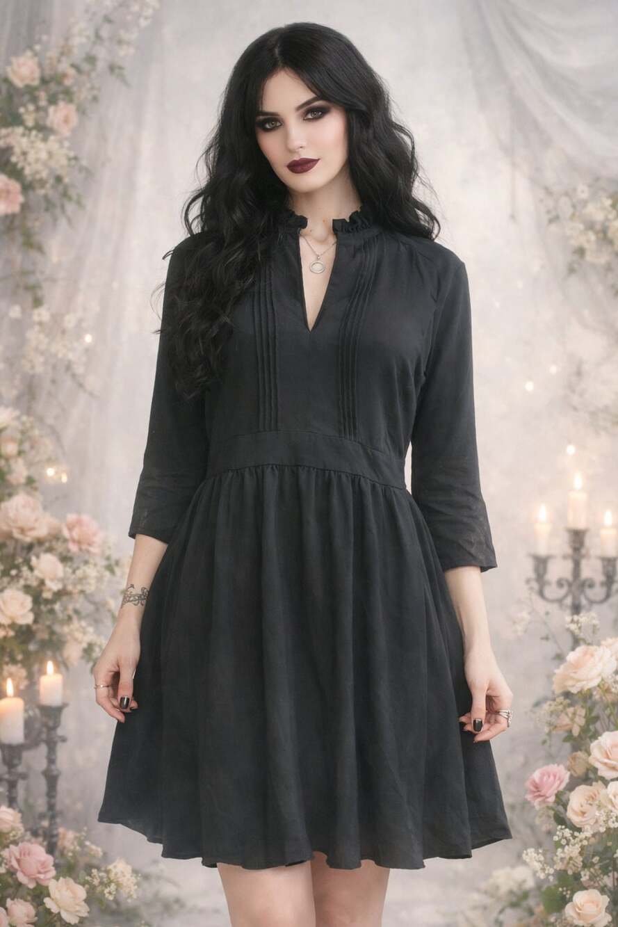 Womens Eshakti Black Dress Sz Med Pintuck Ruffle Accent See desc